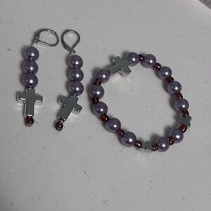 Purple and Brown Beaded Cross Bracelet and Earring Set